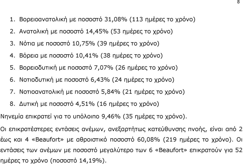 Νοτιοανατολική με ποσοστό 5,84% (21 ημέρες το χρόνο) 8. Δυτική με ποσοστό 4,51% (16 ημέρες το χρόνο) Νηνεμία επικρατεί για το υπόλοιπο 9,46% (35 ημέρες το χρόνο).