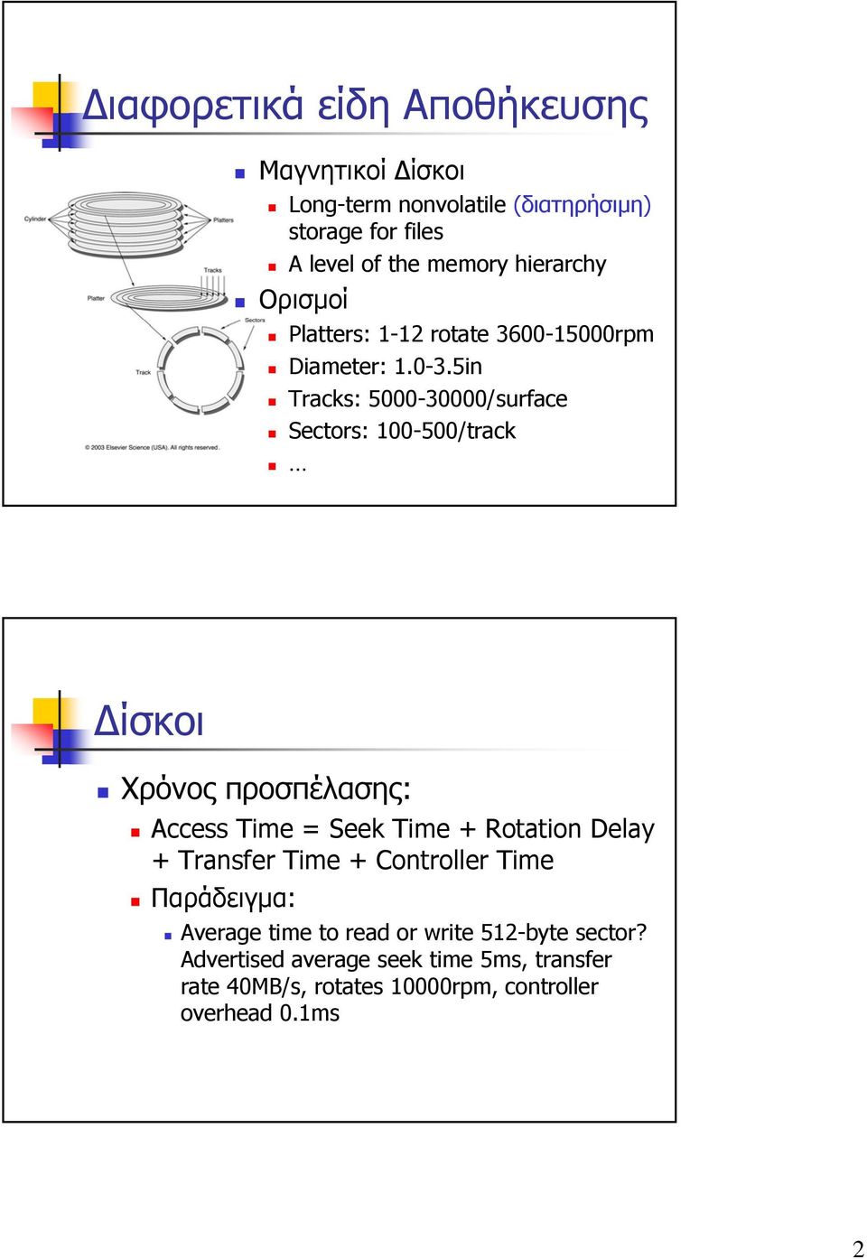 5in Tracks: 5000-30000/surface Sectors: 100-500/track ίσκοι Χρόνος προσπέλασης: Access Time = Seek Time + Rotation Delay +