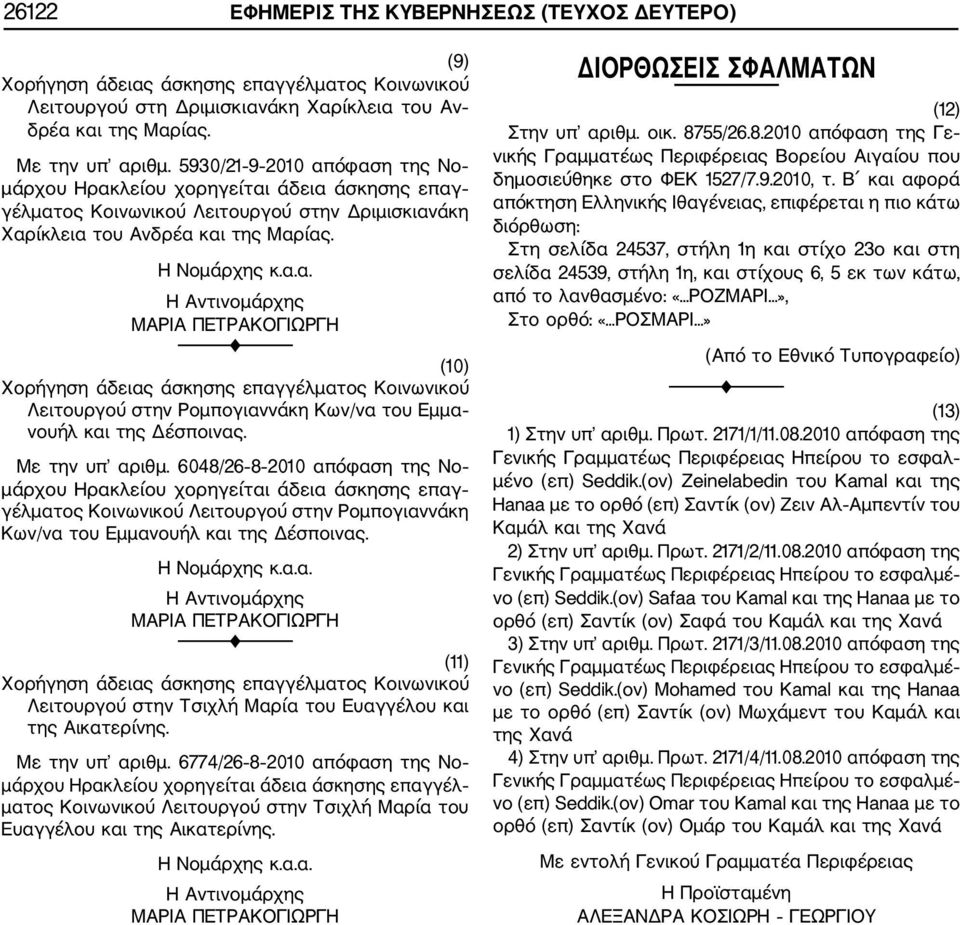 Με την υπ αριθμ. 6048/26 8 2010 απόφαση της Νο μάρχου Ηρακλείου χορηγείται άδεια άσκησης επαγ γέλματος Κοινωνικού Λειτουργού στην Ρομπογιαννάκη Κων/να του Εμμανουήλ και της Δέσποινας. Η Νομάρχης κ.α.α. Η Αντινομάρχης ΜΑΡΙΑ ΠΕΤΡΑΚΟΓΙΩΡΓΗ (11) Χορήγηση άδειας άσκησης επαγγέλματος Κοινωνικού Λειτουργού στην Τσιχλή Μαρία του Ευαγγέλου και της Αικατερίνης.