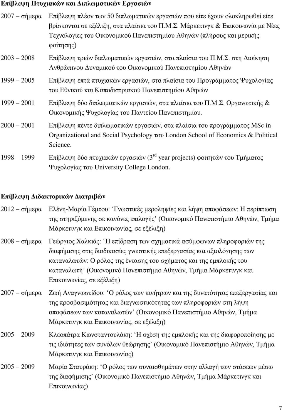 στη Διοίκηση Ανθρώπινου Δυναμικού του Οικονομικού Πανεπιστημίου Αθηνών 1999 2005 Επίβλεψη επτά πτυχιακών εργασιών, στα πλαίσια του Προγράμματος Ψυχολογίας του Εθνικού και Καποδιστριακού Πανεπιστημίου