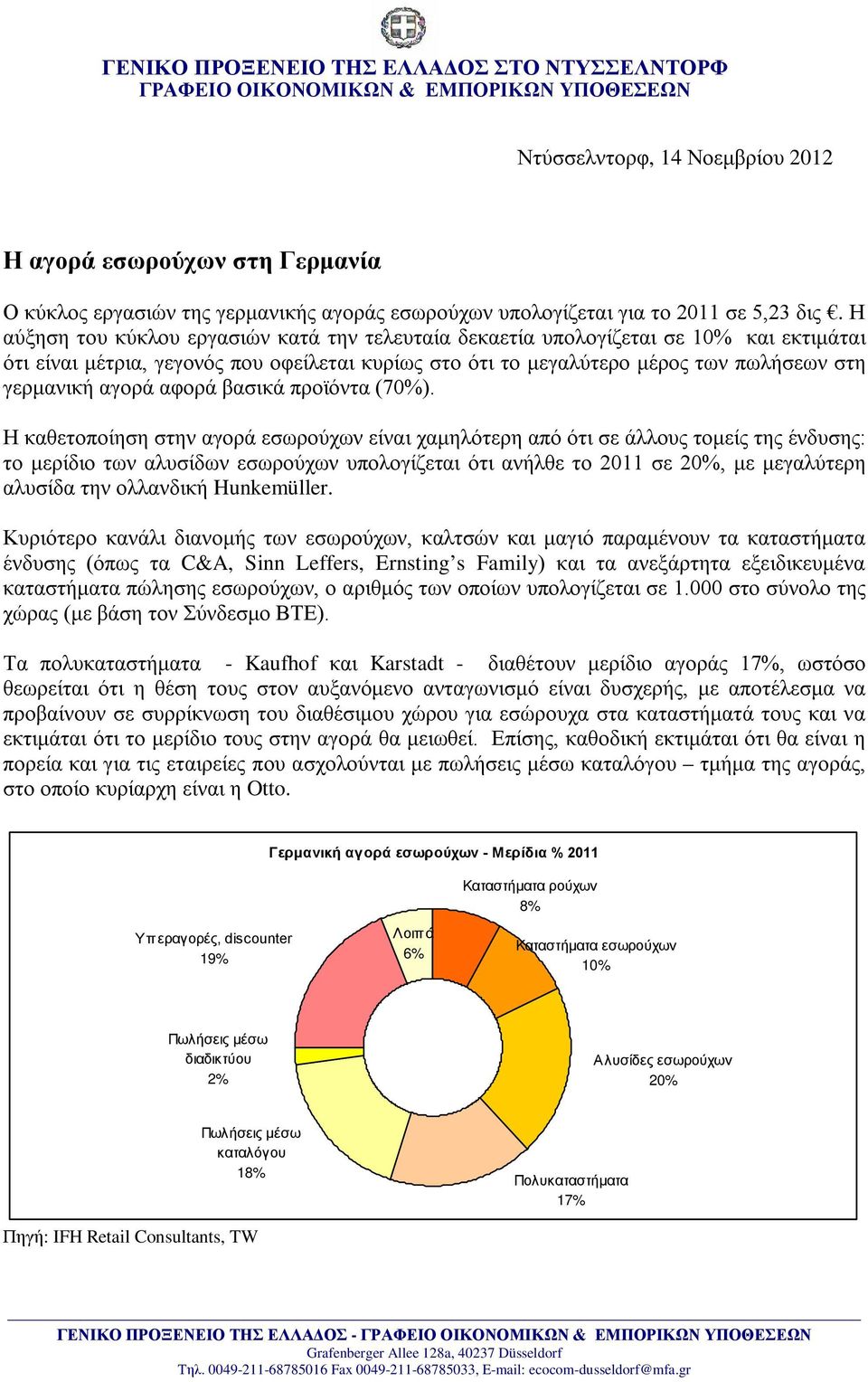 Η αύξηση του κύκλου εργασιών κατά την τελευταία δεκαετία υπολογίζεται σε 10% και εκτιμάται ότι είναι μέτρια, γεγονός που οφείλεται κυρίως στο ότι το μεγαλύτερο μέρος των πωλήσεων στη γερμανική αγορά