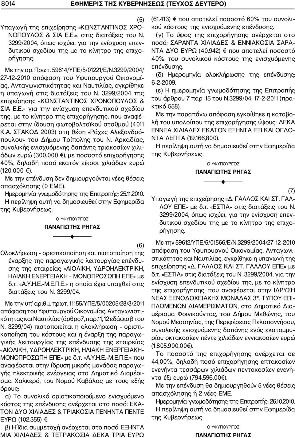 3299/2004/ 27 12 2010 απόφαση του Υφυπουργού Οικονομί ας, Ανταγωνιστικότητας και Ναυτιλίας, εγκρίθηκε η υπαγωγή στις διατάξεις του Ν. 3299/2004 της επιχείρησης «ΚΩΝΣΤΑΝΤΙΝΟΣ ΧΡΟΝΟΠΟΥΛΟΣ & ΣΙΑ Ε.