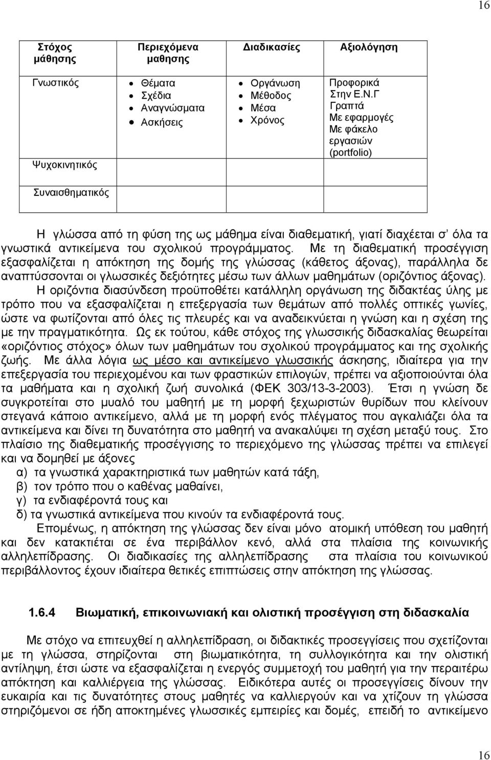 Με τη διαθεματική προσέγγιση εξασφαλίζεται η απόκτηση της δομής της γλώσσας (κάθετος άξονας), παράλληλα δε αναπτύσσονται οι γλωσσικές δεξιότητες μέσω των άλλων μαθημάτων (οριζόντιος άξονας).