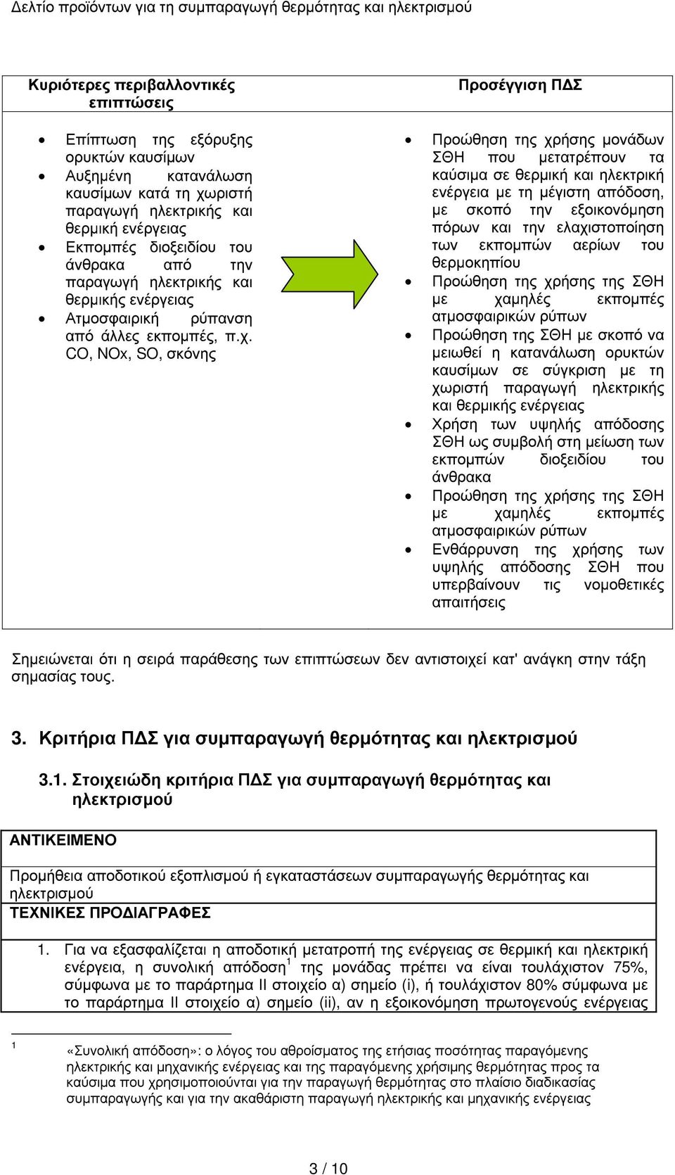 CO, NOx, SO, σκόνης Προώθηση της χρήσης µονάδων ΣΘΗ που µετατρέπουν τα καύσιµα σε θερµική και ηλεκτρική ενέργεια µε τη µέγιστη απόδοση, µε σκοπό την εξοικονόµηση πόρων και την ελαχιστοποίηση των