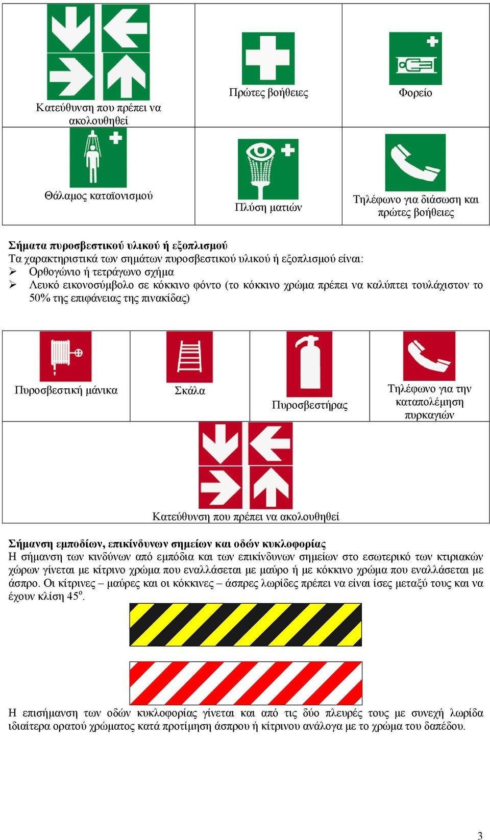 Πυροσβεστική µάνικα Σκάλα Πυροσβεστήρας Τηλέφωνο για την καταπολέµηση πυρκαγιών Κατεύθυνση που πρέπει να ακολουθηθεί Σήµανση εµποδίων, επικίνδυνων σηµείων και οδών κυκλοφορίας Η σήµανση των κινδύνων