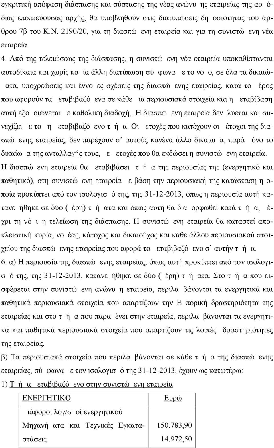 Από της τελειώσεως της διάσπασης, η συνιστώμενη νέα εταιρεία υποκαθίστανται αυτοδίκαια και χωρίς καμία άλλη διατύπωση σύμφωνα με το νόμο, σε όλα τα δικαιώματα, υποχρεώσεις και έννομες σχέσεις της