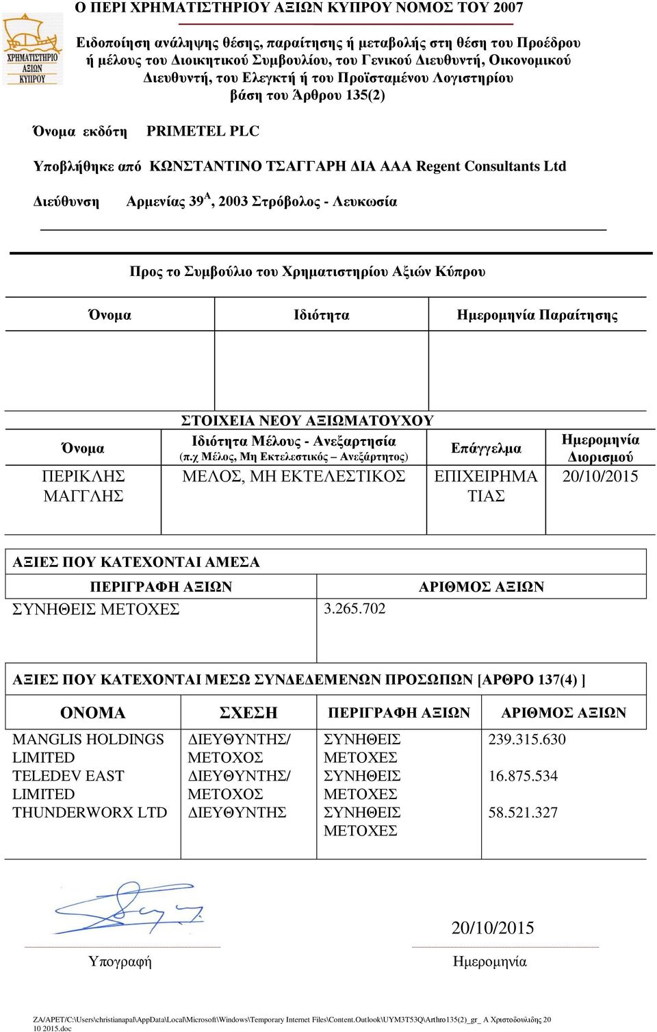 702 ΟΝΟΜΑ ΣΧΕΣΗ MANGLIS HOLDINGS LIMITED TELEDEV EAST