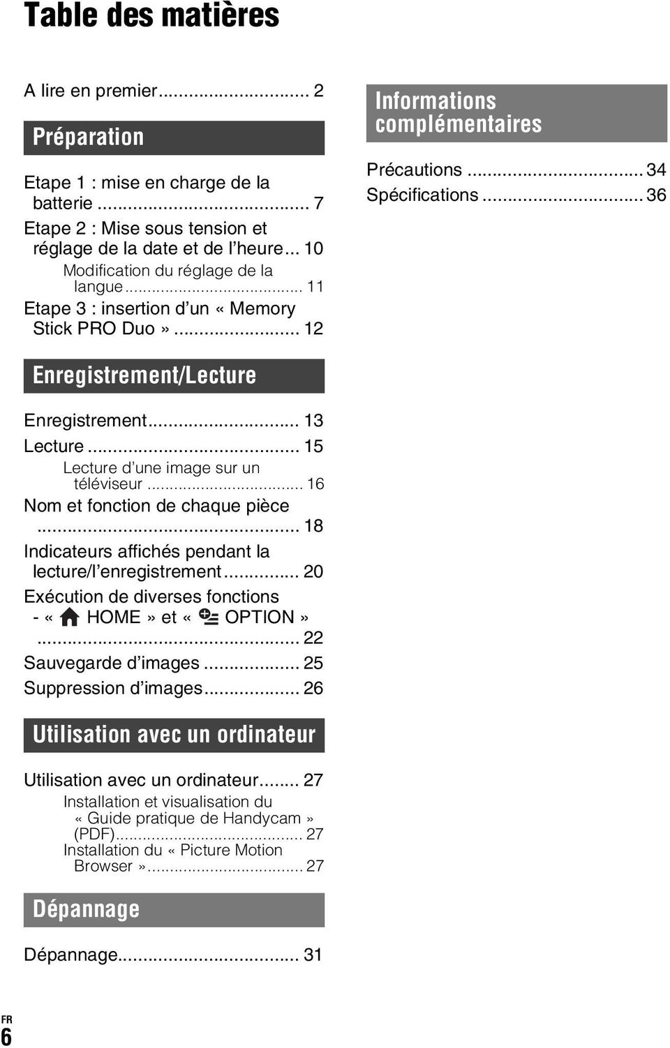 .. 36 Enregistrement/Lecture Enregistrement... 13 Lecture... 15 Lecture d une image sur un téléviseur... 16 Nom et fonction de chaque pièce.