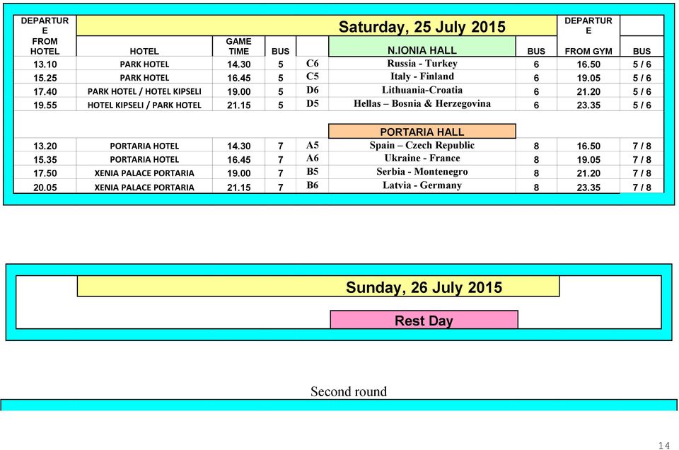 15 5 D5 Hellas Bosnia & Herzegovina 6 23.35 5 / 6 PORTARIA HALL 13.20 PORTARIA HOTEL 14.30 7 A5 Spain Czech Republic 8 16.50 7 / 8 15.35 PORTARIA HOTEL 16.