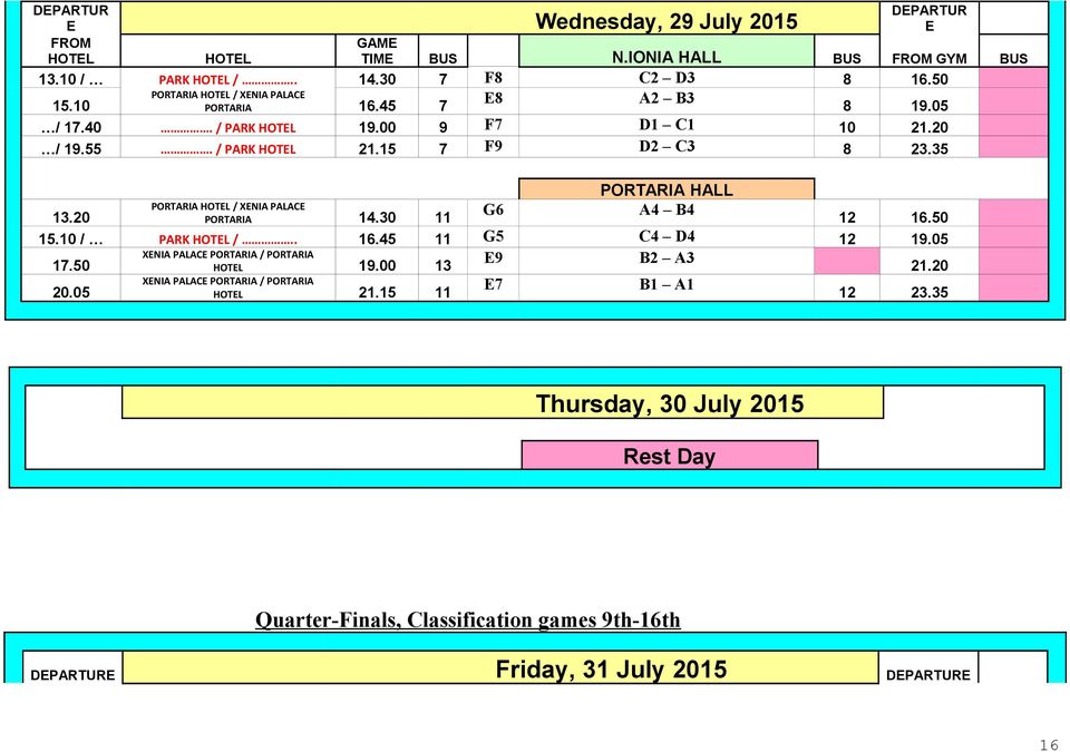 35 PORTARIA HALL 13.20 PORTARIA HOTEL / XENIA PALACE PORTARIA 14.30 11 G6 A4 B4 12 16.50 15.10 / PARK HOTEL /.. 16.45 11 G5 C4 D4 12 19.05 17.