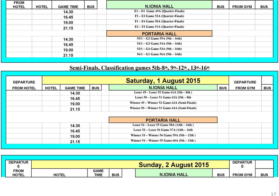15 56/1 G1 Game 56A (9th 16th) Semi-Finals, Classification games 5th-8 th, 9 th -12 th, 13 th -16 th Saturday, 1 August 2015 FROM HOTEL HOTEL GAME TIME N.IONIA HALL 14.