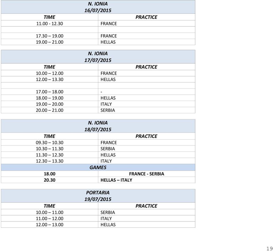 00 ITALY 20.00 21.00 SERBIA N. IONIA 18/07/2015 TIME 09.30 10.30 FRANCE 10.30 11.30 SERBIA 11.30 12.