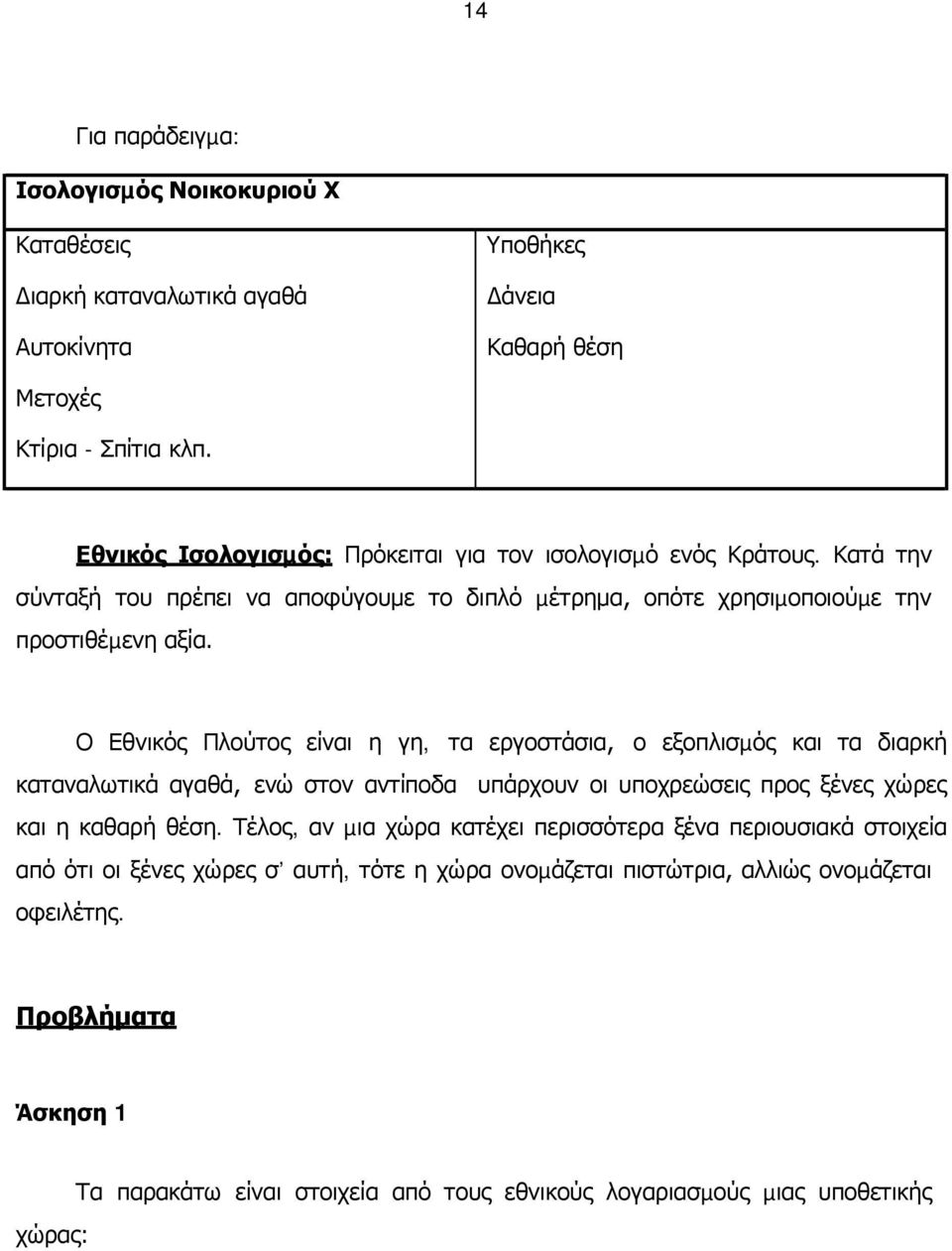 Ο Εθνικός Πλούτος είναι η γη, τα εργοστάσια, ο εξοπλισµός και τα διαρκή καταναλωτικά αγαθά, ενώ στον αντίποδα υπάρχουν οι υποχρεώσεις προς ξένες χώρες και η καθαρή θέση.