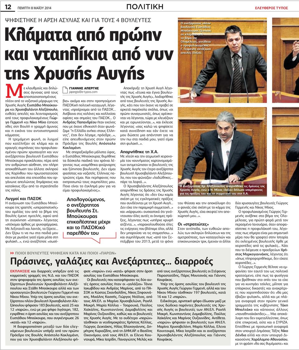 Νίκο Μίχο έσπασε χθες στη Βουλή η γραµµή άµυνας και η εικόνα του αντισυστηµικού κόµµατος.