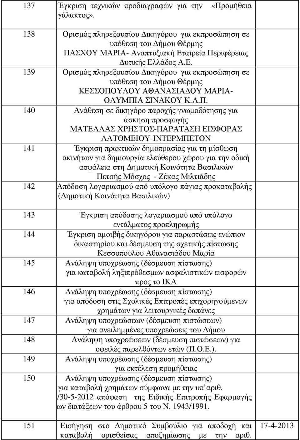 ριφέρειας υτικής Ελλάδος Α.Ε. 139 Ορισµός πληρεξουσίου ικηγόρου για εκπροσώπηση σε ΚΕΣΣΟΠΟ