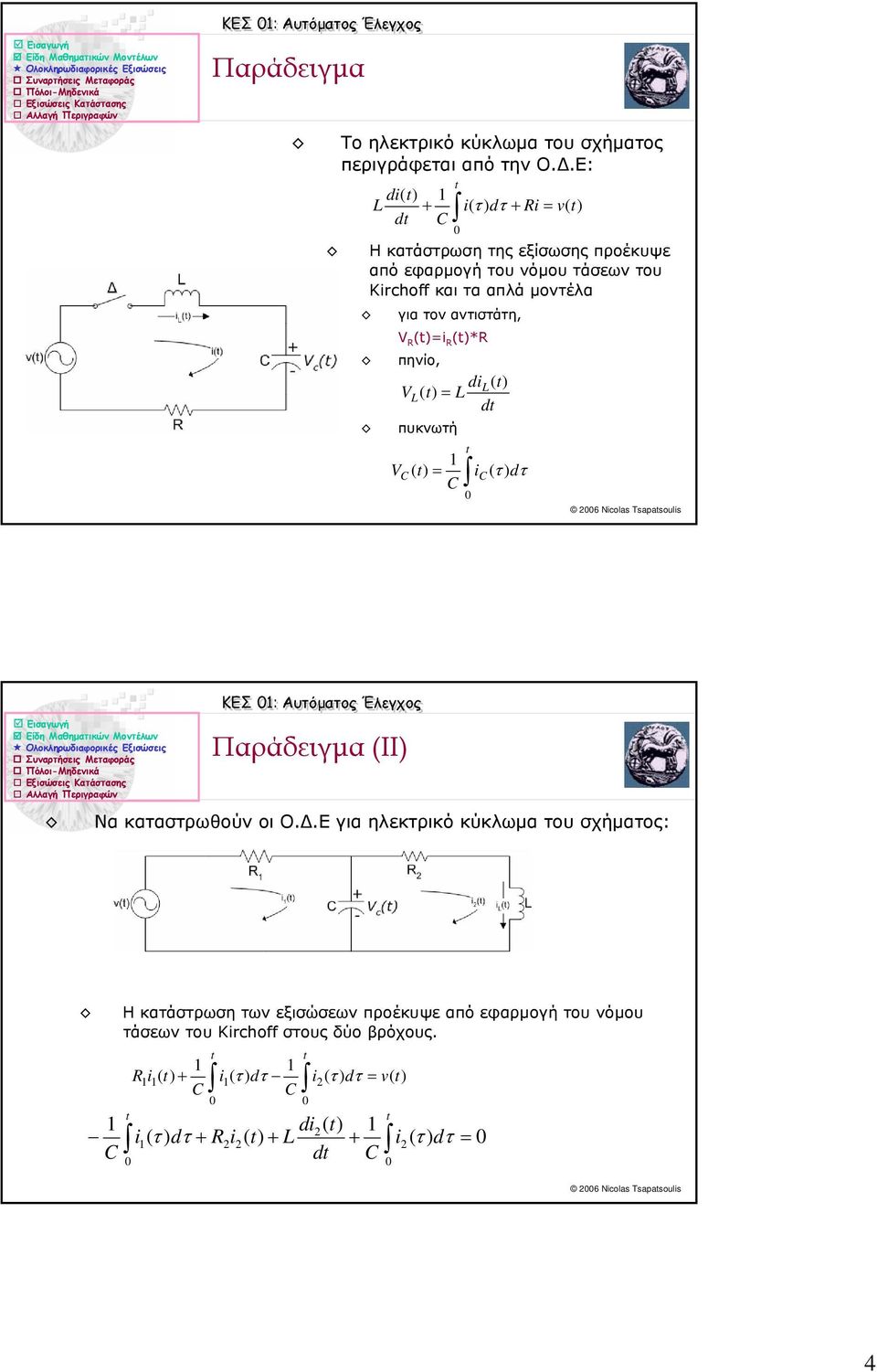 αντιστάτη, V R (i R (*R πηνίο, dil( VL( L d πυκνωτή VC ( ic ( τ ) dτ C ΚΕΣ : Αυτόµατος Έλεγχος Παράδειγµα (II) Να καταστρωθούν οι Ο.