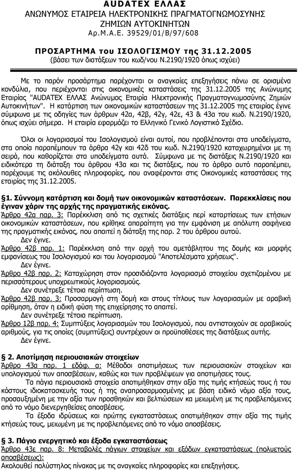 2005 της Ανώνυµης Εταιρίας "AUDATEX ΕΛΛΑΣ Ανώνυµος Εταιρία Ηλεκτρονικής Πραγµατογνωµοσύνης Ζηµιών Αυτοκινήτων". Η κατάρτιση των οικονοµικών καταστάσεων της 31.12.