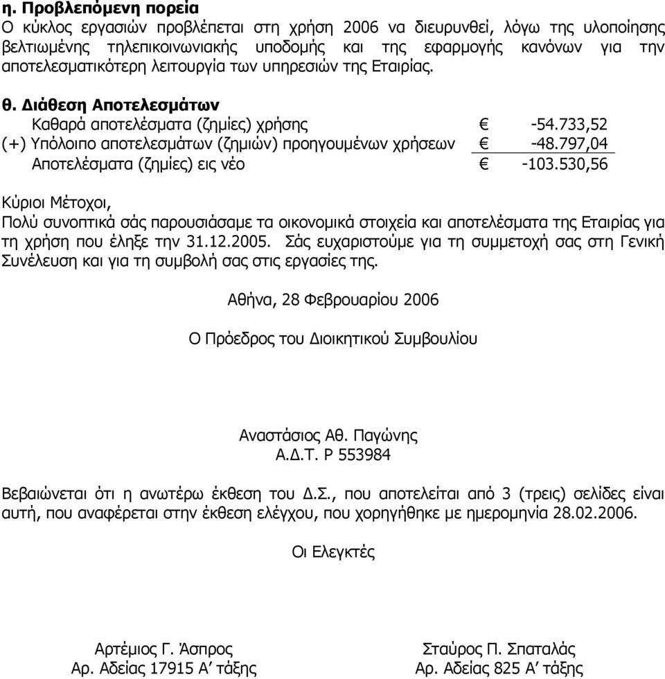 797,04 Αποτελέσµατα (ζηµίες) εις νέο -103.530,56 Κύριοι Μέτοχοι, Πολύ συνοπτικά σάς παρουσιάσαµε τα οικονοµικά στοιχεία και αποτελέσµατα της Εταιρίας για τη χρήση που έληξε την 31.12.2005.