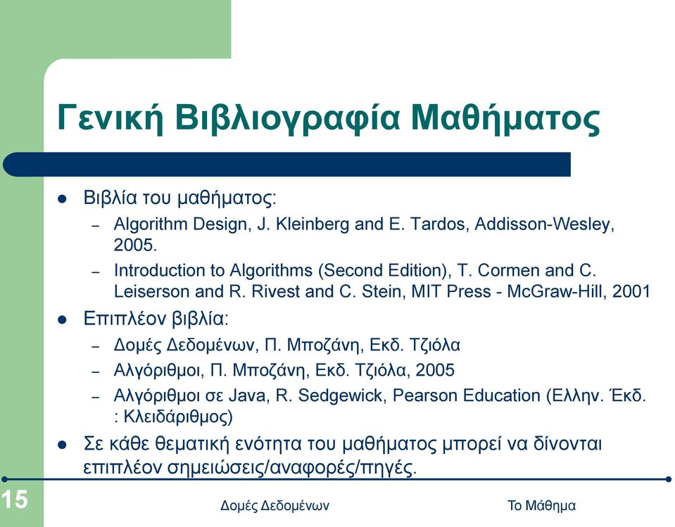 Stein, MIT Press - McGraw-Hill, 2001 Επιπλέον βιβλία:, Π. Μποζάνη, Εκδ. Τζιόλα Αλγόριθμοι, Π. Μποζάνη, Εκδ. Τζιόλα, 2005 Αλγόριθμοι σε Java, R.