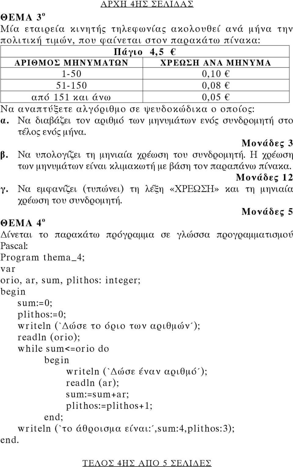 Να υπολογίζει τη μηνιαία χρέωση του συνδρομητή. Η χρέωση των μηνυμάτων είναι κλιμακωτή με βάση τον παραπάνω πίνακα. Μονάδες 12 γ.