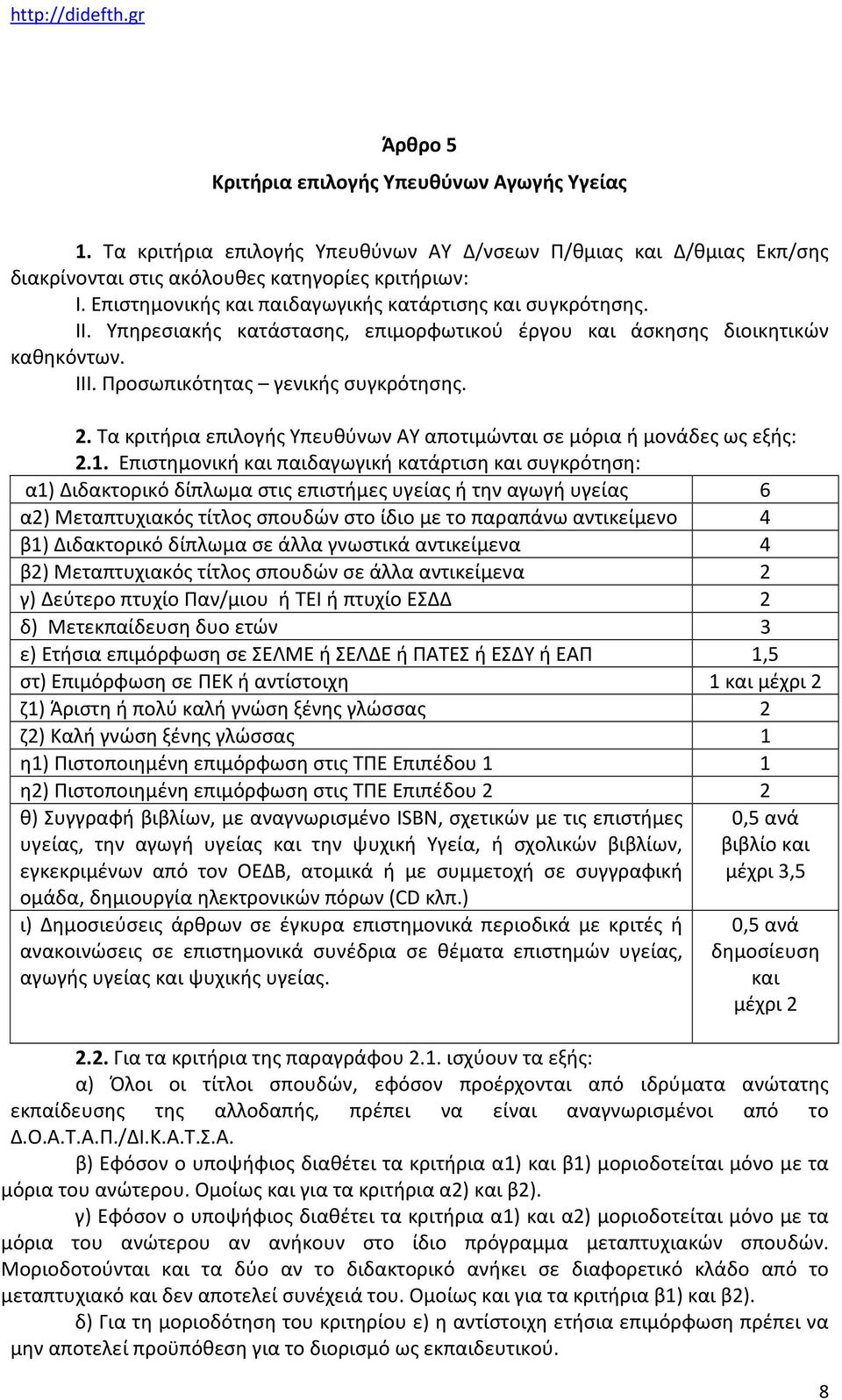 Τα κριτήρια επιλογής Υπευθύνων ΑΥ αποτιμώνται σε μόρια ή μονάδες ως εξής: 2.1.