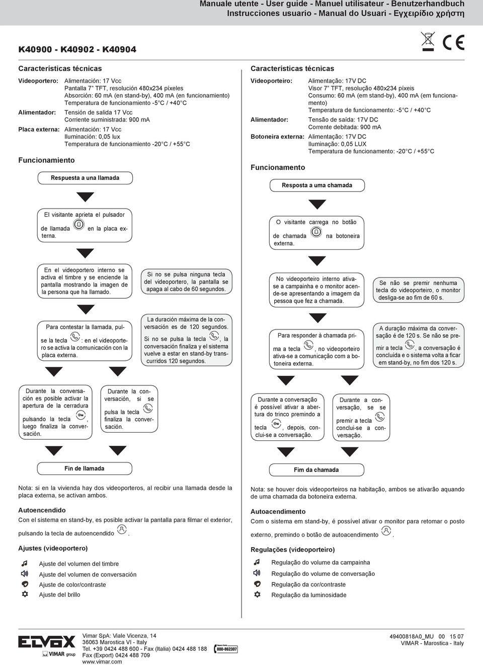 Respuesta a una llamada Características técnicas Videoporteiro: Alimentação: 17V DC Visor 7 TFT, resolução 480x234 píxeis Consumo: 60 ma (em stand-by), 400 ma (em funcionamento) Temperatura de