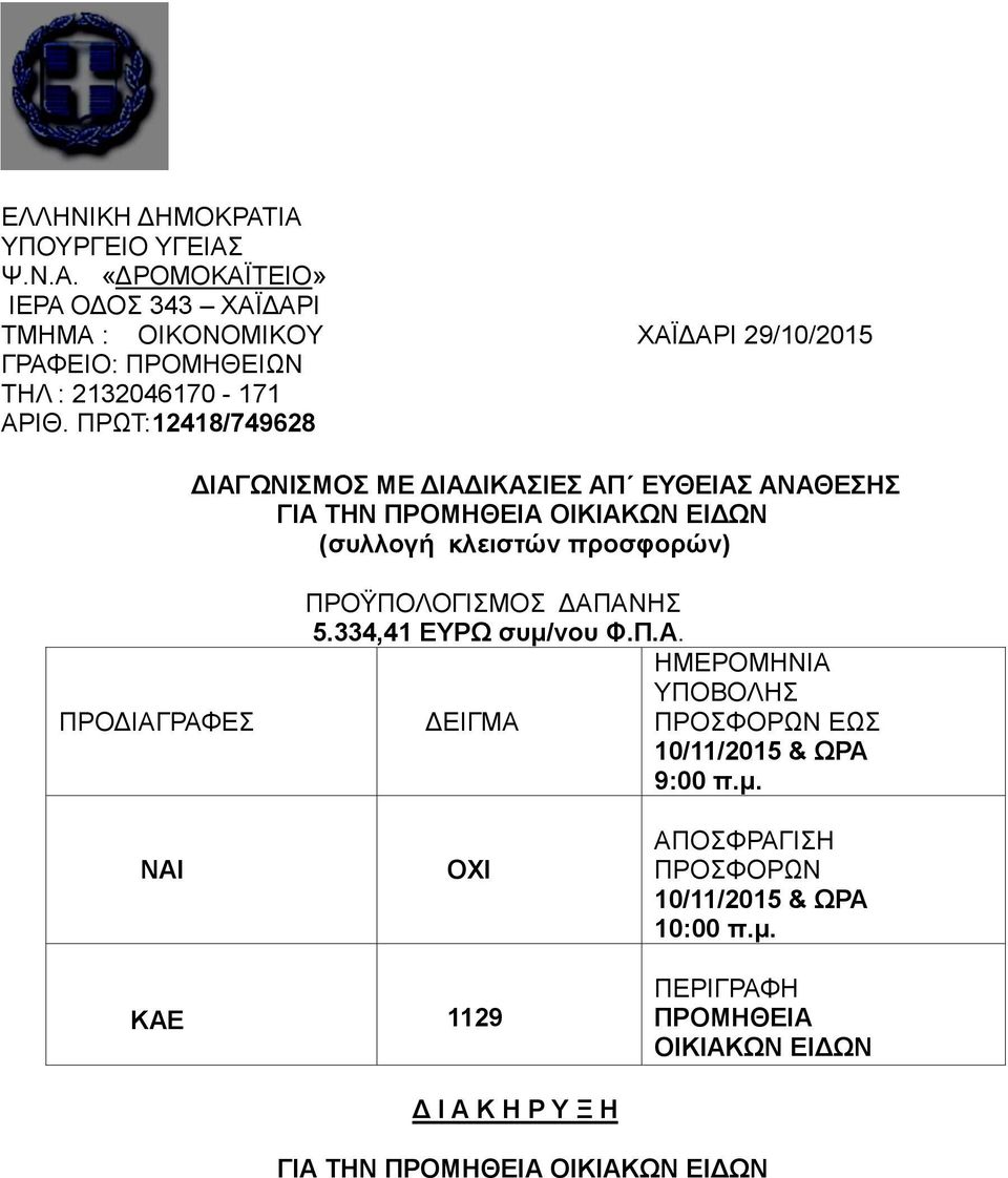 ΠΡΟΫΠΟΛΟΓΙΣΜΟΣ ΔΑΠΑΝΗΣ 5.334,41 ΕΥΡΩ συμ/νου Φ.Π.Α. ΗΜΕΡΟΜΗΝΙΑ ΥΠΟΒΟΛΗΣ ΔΕΙΓΜΑ ΠΡΟΣΦΟΡΩΝ ΕΩΣ 10/11/2015 & ΩΡΑ 9:00 π.μ. ΝΑΙ ΟΧΙ ΑΠΟΣΦΡΑΓΙΣΗ ΠΡΟΣΦΟΡΩΝ 10/11/2015 & ΩΡΑ 10:00 π.