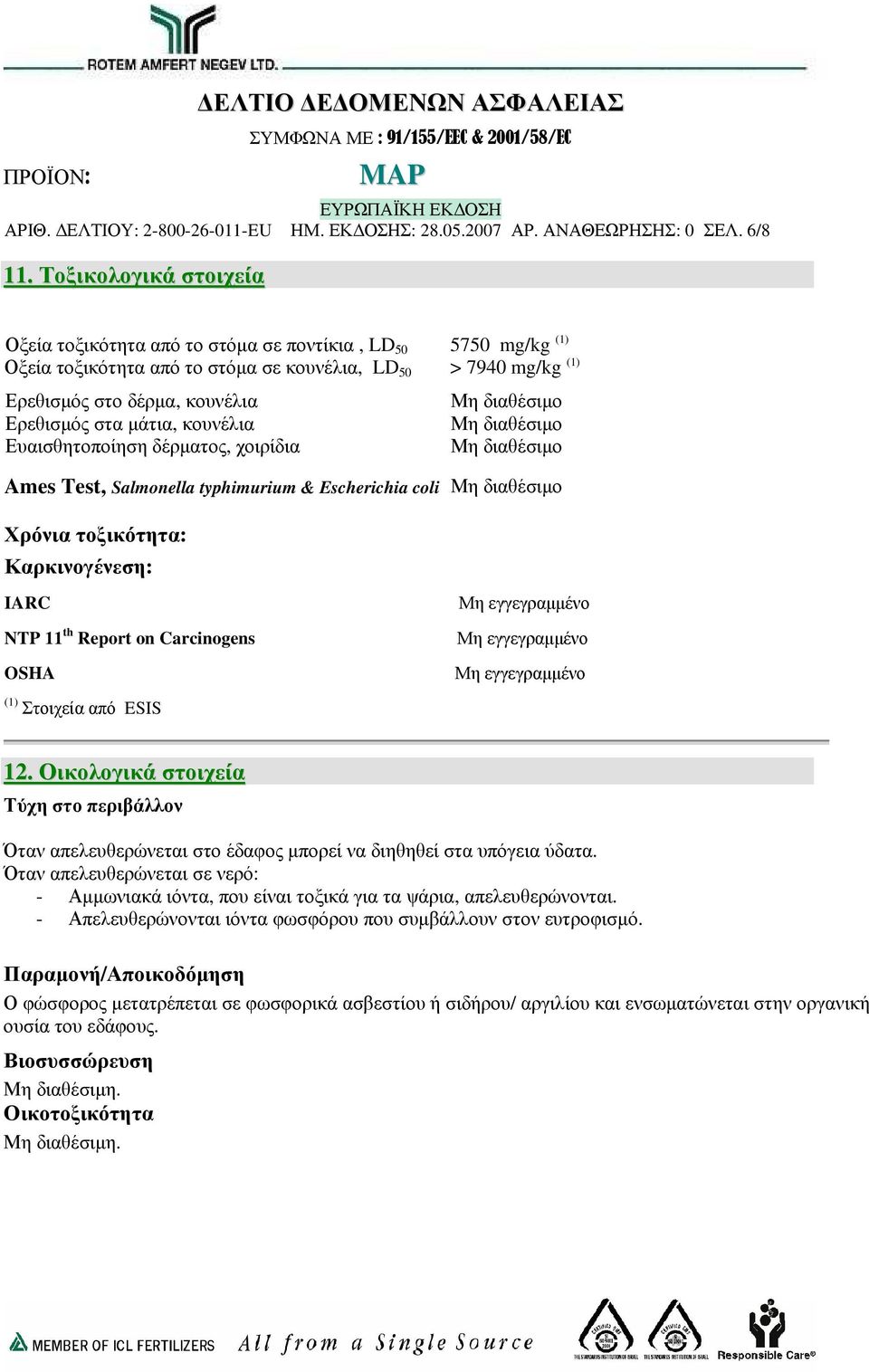 µάτια, κουνέλια Ευαισθητοποίηση δέρµατος, χοιρίδια Ames Test, Salmonella typhimurium & Escherichia coli Χρόνια τοξικότητα: Καρκινογένεση: IARC NTP 11 th Report on Carcinogens OSHA Μη εγγεγραµµένο Μη