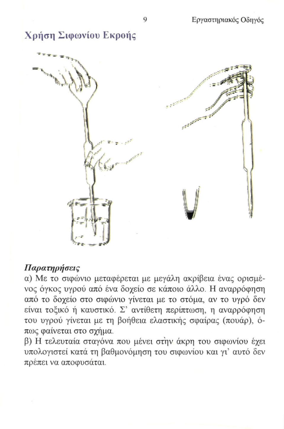 H αναρρόφηση από το δοχείο στο σιφώνιο γίνεται με το στόμα, αν το υγρό δεν είναι τοξικό ή καυστικό.