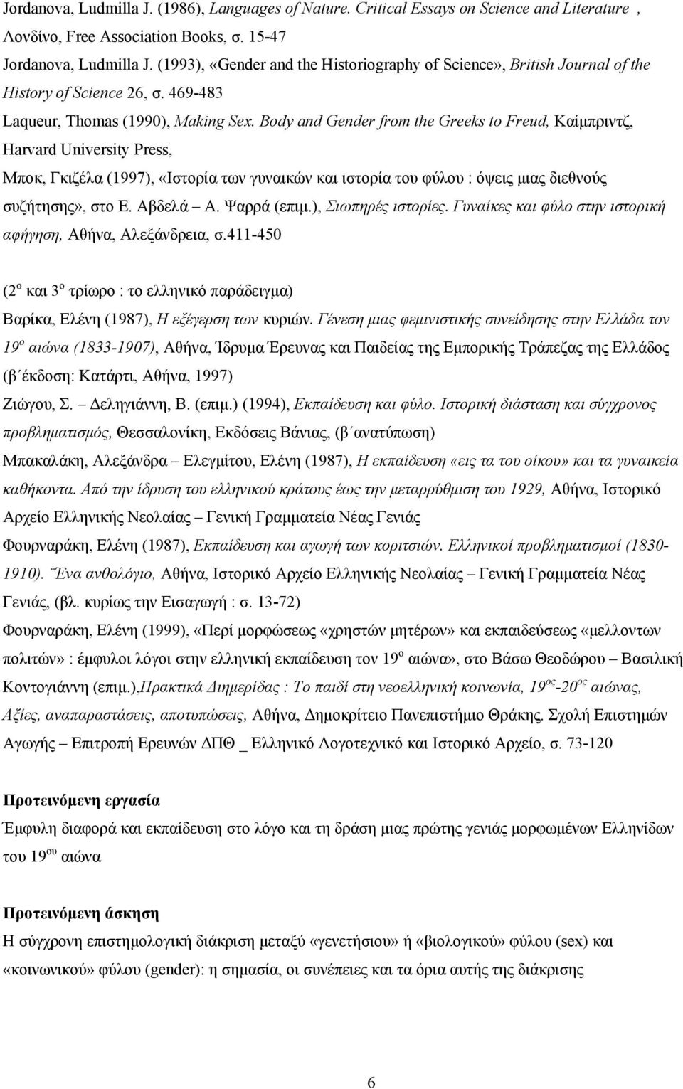 Body and Gender from the Greeks to Freud, Καίμπριντζ, Harvard University Press, Μποκ, Γκιζέλα (1997), «Ιστορία των γυναικών και ιστορία του φύλου : όψεις μιας διεθνούς συζήτησης», στο Ε. Αβδελά Α.