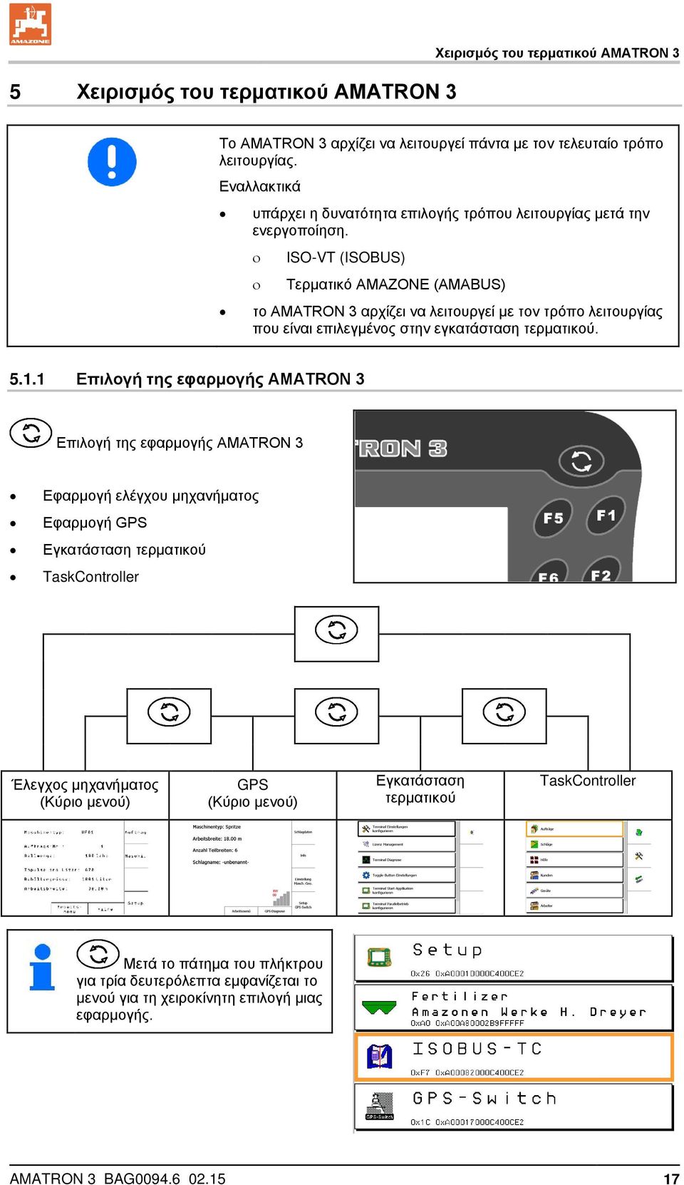 ISO-VT (ISOBUS) Τερματικό AMAZONE (AMABUS) τ AMATRON 3 αρχίζει να λειτυργεί με τν τρόπ λειτυργίας πυ είναι επιλεγμένς στην εγκατάσταση τερματικύ. 5.1.
