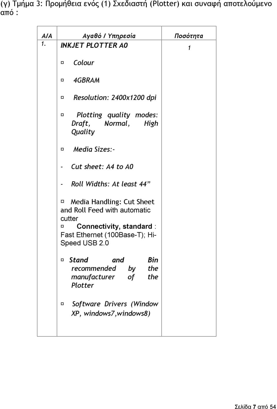 sheet: A4 to A0 - Roll Widths: At least 44 Media Handling: Cut Sheet and Roll Feed with automatic cutter Connectivity, standard : Fast