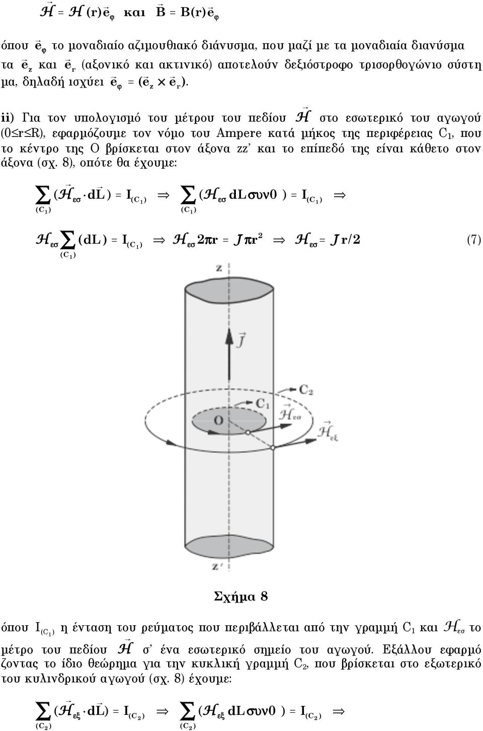 ii) Για τον υπολογισµό του µέτρου του πεδίου H στο εσωτερικό του αγωγού ( R), εφαρµόζουµε τον νόµο του Ampee κατά µήκος της περιφέρειας C 1, που το κέντρο της Ο βρίσκεται στον άξονα zz και το επίπεδό