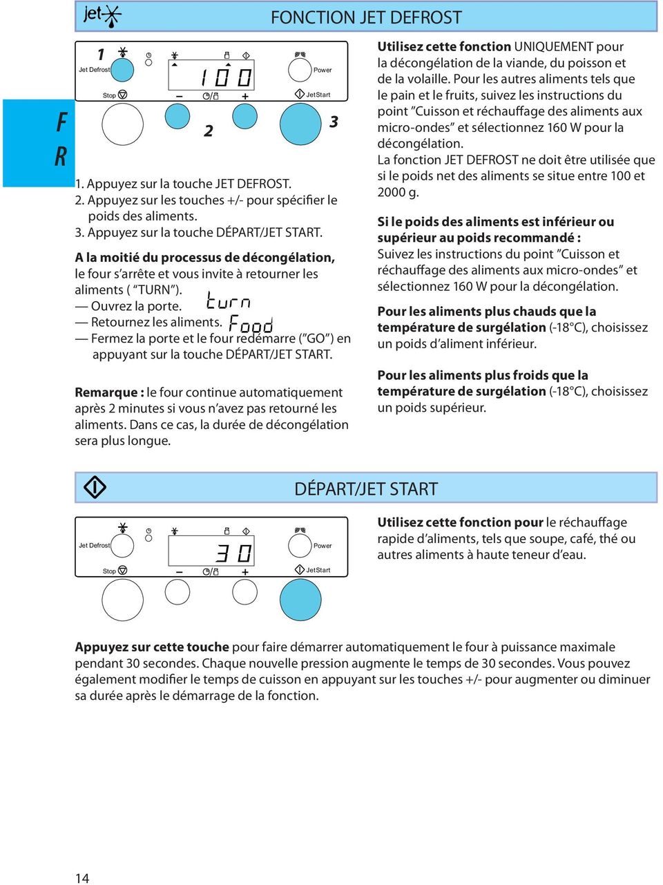 Fermez la porte et le four redémarre ( GO ) en appuyant sur la touche DÉPAT/JET STAT. emarque : le four continue automatiquement après 2 minutes si vous n avez pas retourné les aliments.