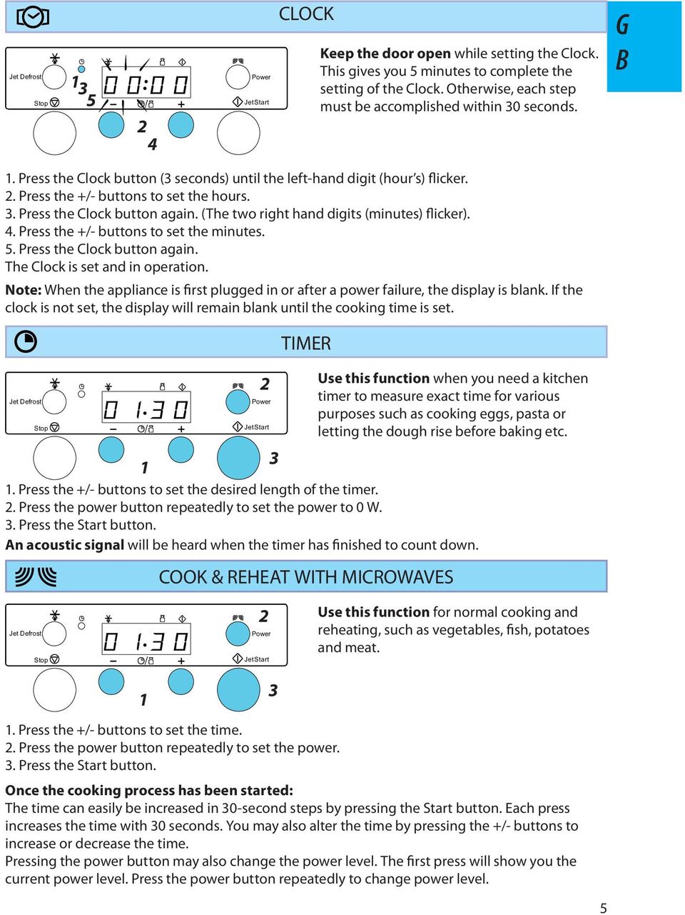 (The two right hand digits (minutes) flicker). 4. Press the +/- buttons to set the minutes. 5. Press the Clock button again. The Clock is set and in operation.