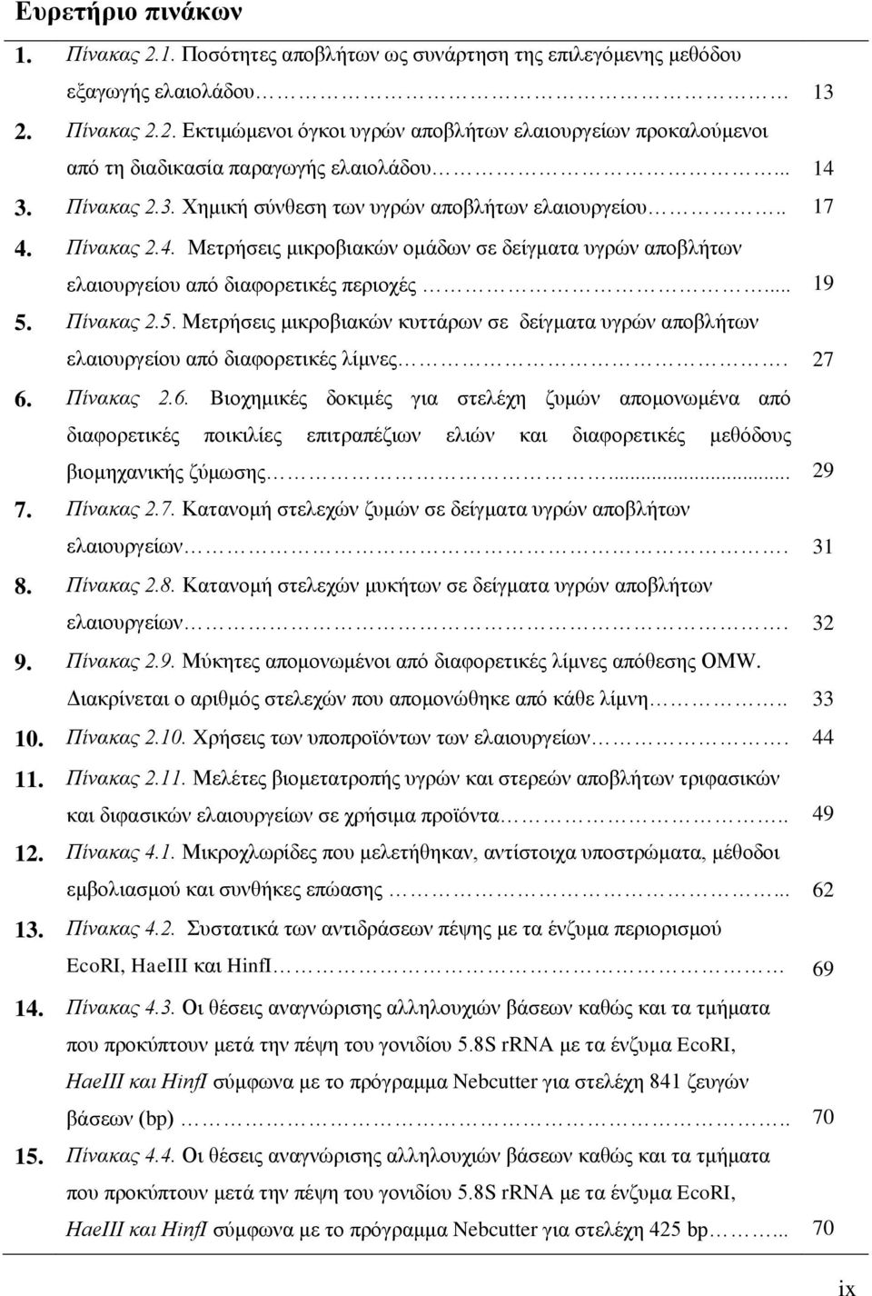 Πίλαθαο 2.5. Μεηξήζεηο κηθξνβηαθψλ θπηηάξσλ ζε δείγκαηα πγξψλ απνβιήησλ ειαηνπξγείνπ απφ δηαθνξεηηθέο ιίκλεο. 27 6.