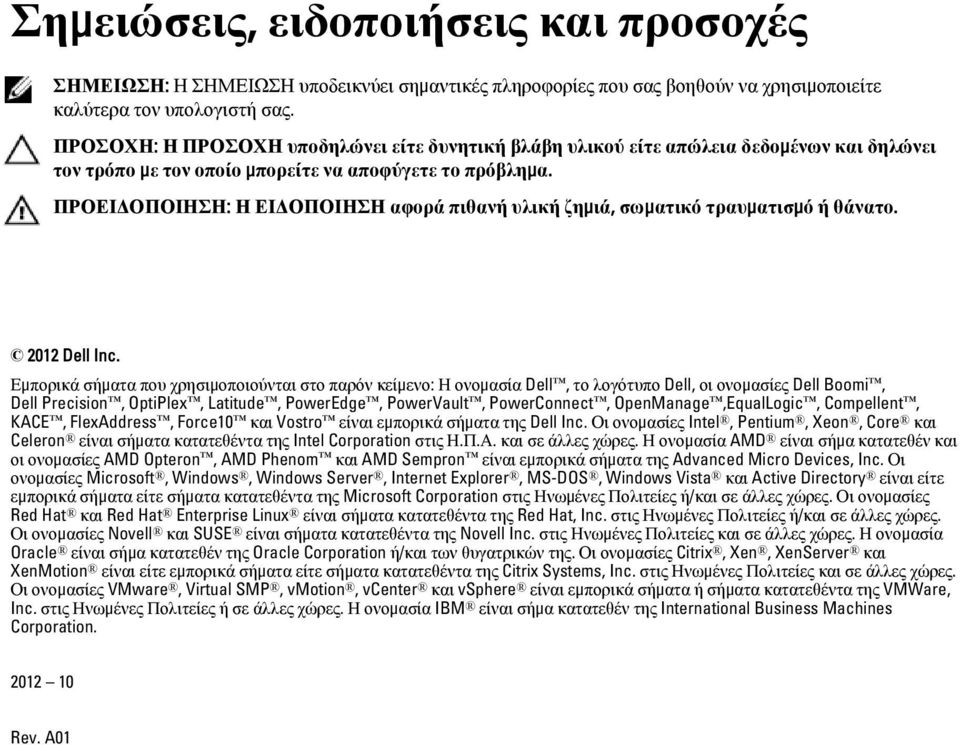 ΠΡΟΕΙΔΟΠΟΙΗΣΗ: Η ΕΙΔΟΠΟΙΗΣΗ αφορά πιθανή υλική ζημιά, σωματικό τραυματισμό ή θάνατο. 2012 Dell Inc.