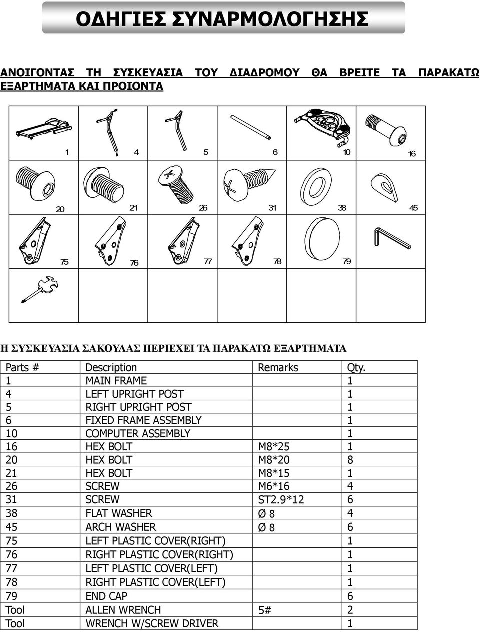 1 MAIN FRAME 1 4 LEFT UPRIGHT POST 1 5 RIGHT UPRIGHT POST 1 6 FIXED FRAME ASSEMBLY 1 10 COMPUTER ASSEMBLY 1 16 HEX BOLT M8*25 1 20 HEX BOLT M8*20 8 21 HEX BOLT M8*15 1