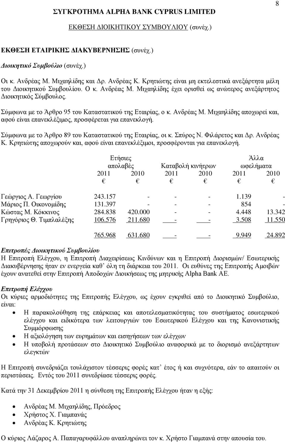 Σύμφωνα με το Άρθρο 95 του Καταστατικού της Εταιρίας, ο κ. Ανδρέας Μ. Μιχαηλίδης αποχωρεί και, αφού είναι επανεκλέξιμος, προσφέρεται για επανεκλογή.