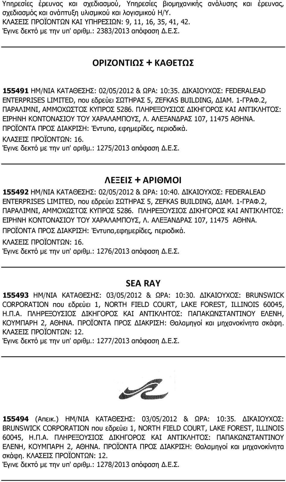 ΙΚΑΙΟΥΧΟΣ: FEDERALEAD ENTERPRISES LIMITED, που εδρεύει ΣΩΤΗΡΑΣ 5, ZEFKAS BUILDING, ΙΑΜ. 1-ΓΡΑΦ.2, ΠΑΡΑΛΙΜΝΙ, ΑΜΜΟΧΩΣΤΟΣ ΚΥΠΡΟΣ 5286.