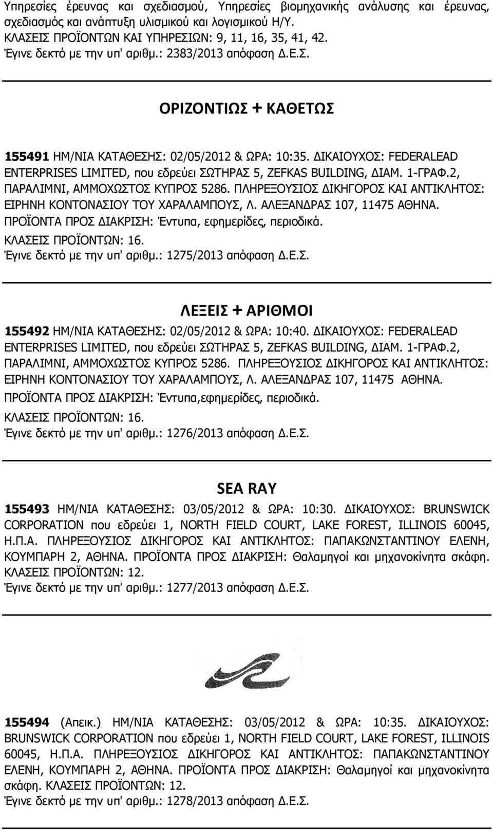 ΙΚΑΙΟΥΧΟΣ: FEDERALEAD ENTERPRISES LIMITED, που εδρεύει ΣΩΤΗΡΑΣ 5, ZEFKAS BUILDING, ΙΑΜ. 1-ΓΡΑΦ.2, ΠΑΡΑΛΙΜΝΙ, ΑΜΜΟΧΩΣΤΟΣ ΚΥΠΡΟΣ 5286.