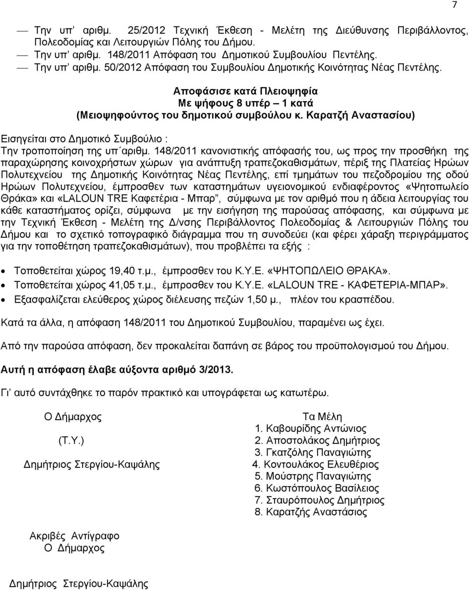 Αποφάσισε κατά Πλειοψηφία Με ψήφους 8 υπέρ 1 κατά (Μειοψηφούντος του δημοτικού συμβούλου κ. Καρατζή Αναστασίου) Εισηγείται στο Δημοτικό Συμβούλιο : Την τροποποίηση της υπ αριθμ.