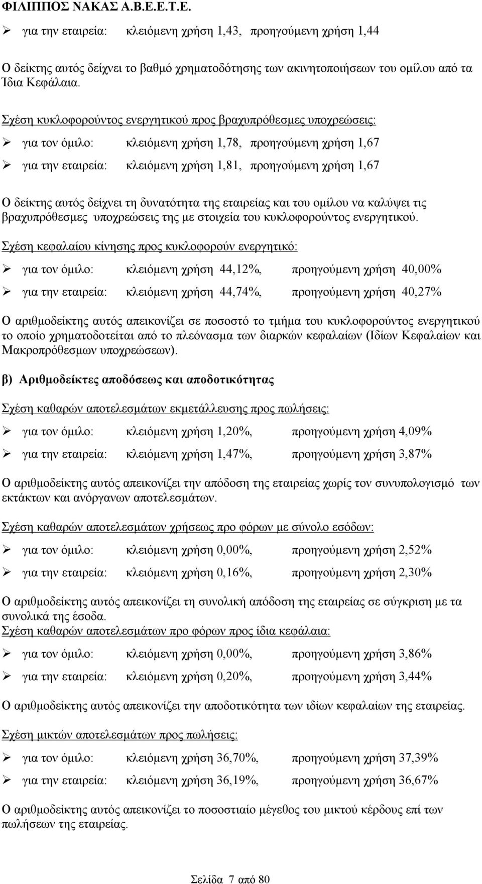 αυτός δείχνει τη δυνατότητα της εταιρείας και του ομίλου να καλύψει τις βραχυπρόθεσμες υποχρεώσεις της με στοιχεία του κυκλοφορούντος ενεργητικού.