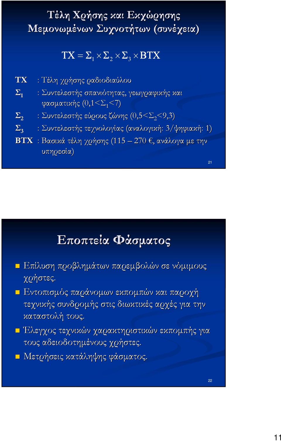 υπηρεσία) ΒΤΧ : Βασικά ΤΧ Σ Σ Σ ΒΤΧ = 1 2 3 21 Εποπτεία Φάσματος Επίλυση προβλημάτων παρεμβολών σε νόμιμους χρήστες.