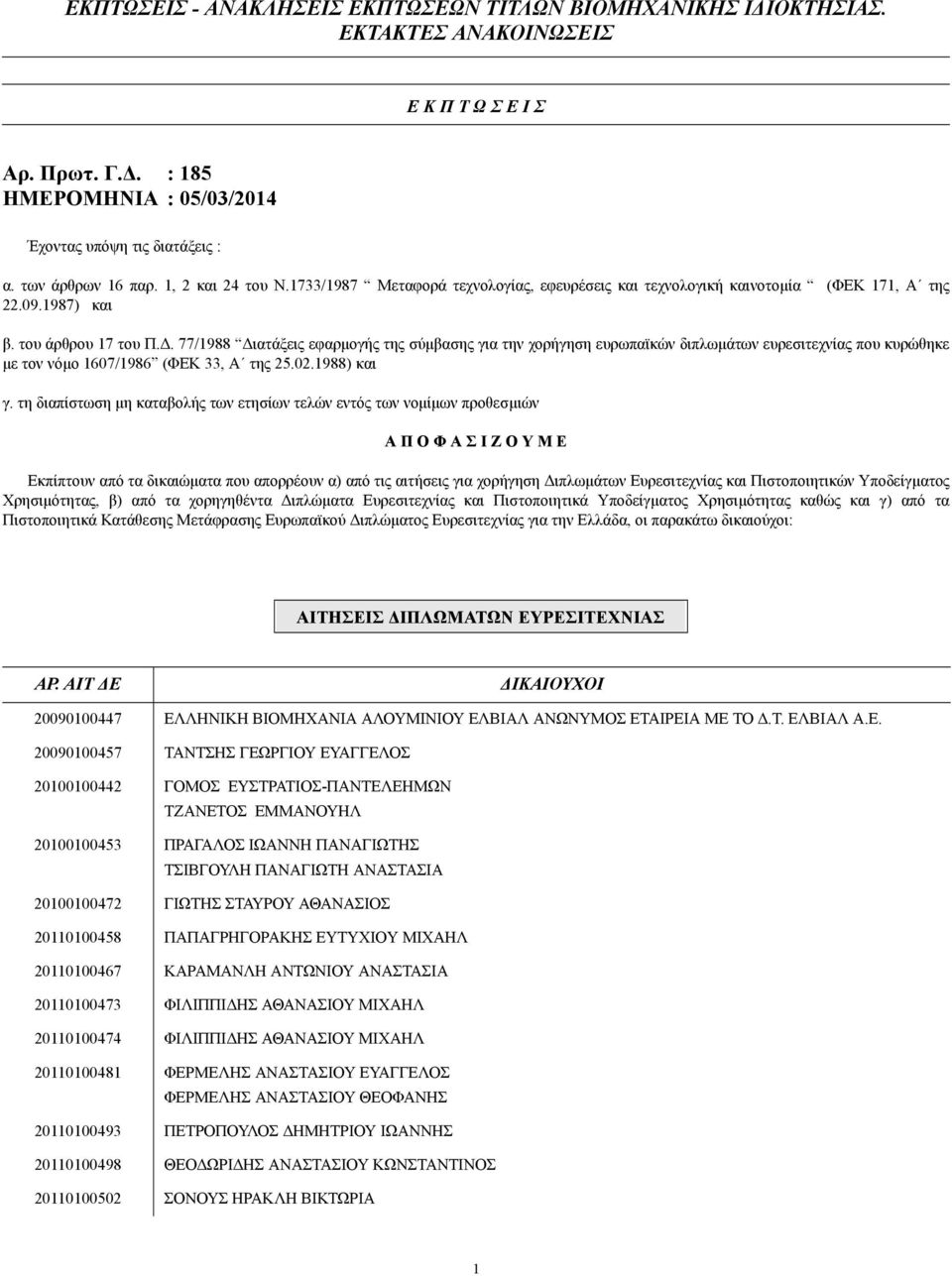 . 77/1988 ιατάξεις εφαρµογής της σύµβασης για την χορήγηση ευρωπαϊκών διπλωµάτων ευρεσιτεχνίας που κυρώθηκε µε τον νόµο 1607/1986 (ΦΕΚ 33, Α της 25.02.1988) και γ.