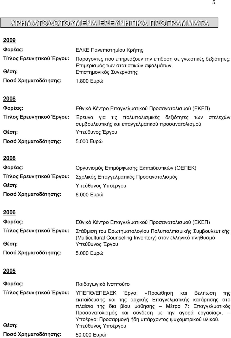 800 Ευρώ 2008 Φορέας: Τίτλος Ερευνητικού Έργου: Ποσό Χρηµατοδότησης: Εθνικό Κέντρο Επαγγελµατικού Προσανατολισµού (ΕΚΕΠ) Έρευνα για τις πολυπολισµικές δεξιότητες των στελεχών συµβουλευτικής και