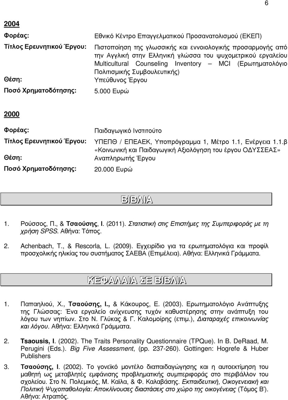 000 Ευρώ 2000 Φορέας: Τίτλος Ερευνητικού Έργου: Ποσό Χρηµατοδότησης: Παιδαγωγικό Ινστιτούτο ΥΠΕΠΘ / ΕΠΕΑΕΚ, Υποπρόγραµµα 1,