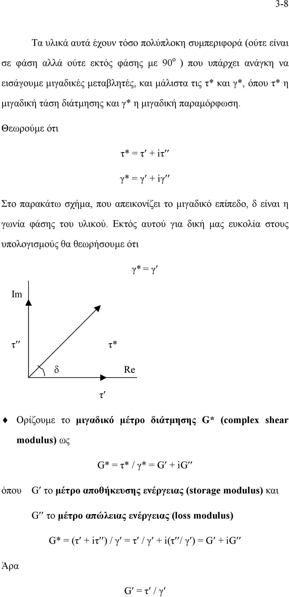 Θεωρούµε ότι τ* = τ + iτ γ* = γ + iγ Στο παρακάτω σχήµα, που απεικονίζει το µιγαδικό επίπεδο, δ είναι η γωνία φάσης του υλικού.