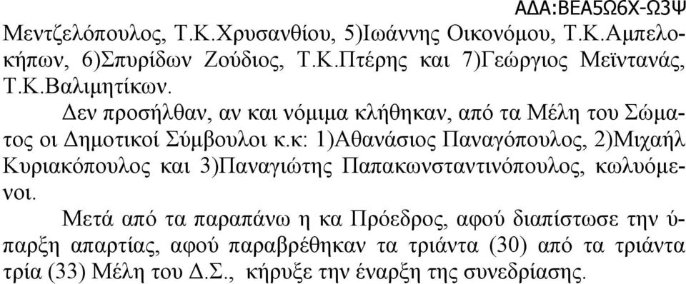 κ: 1)Αθανάσιος Παναγόπουλος, 2)Μιχαήλ Κυριακόπουλος και 3)Παναγιώτης Παπακωνσταντινόπουλος, κωλυόμενοι.