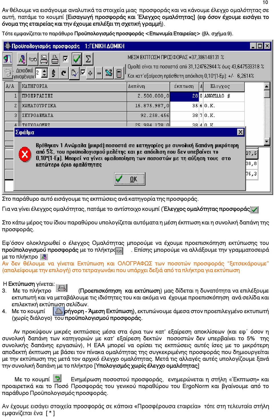 το παράθυρο αυτό εισάγουμε τις εκπτώσεις ανά κατηγορία της προσφοράς. Για να γίνει έλεγχος ομαλότητας, πατάμε το αντίστοιχο κουμπί (Έλεγχος ομαλότητας προσφοράς).